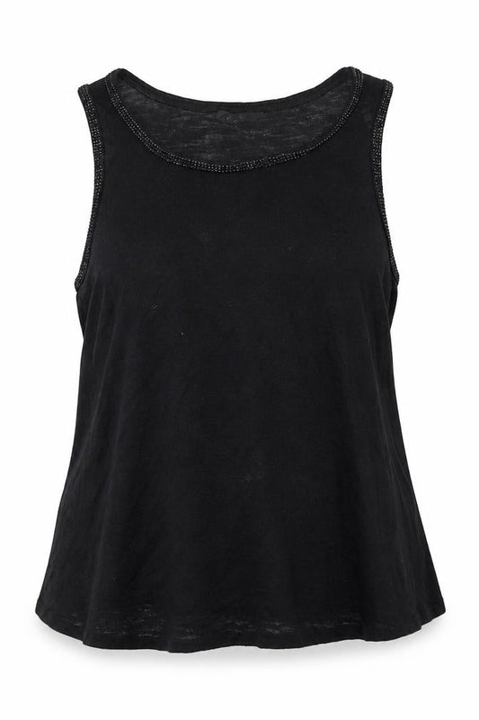 Front view of Next women’s black basic tank, size UK 14, - beaded collar