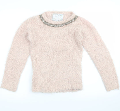 Front view of yd girls’ pink jumper, size 9-10, years - beaded collar
