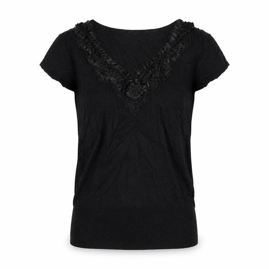 Front view of Oasis women’s black jumper, size UK 10, - flowers on collar