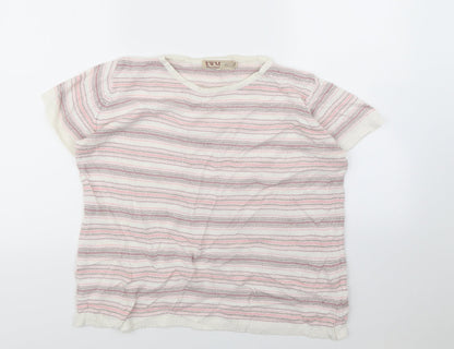 Additional front view of EWM women’s multicoloured striped jumper, size UK 14