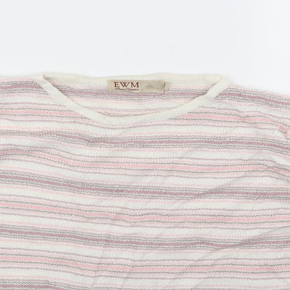 Close-up detail of EWM women’s multicoloured striped jumper, size UK 14