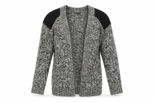 Front view of Internacionale women’s black cardigan jumper, size UK 10