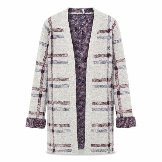 Front view of Marks & Spencer women’s beige check cardigan jumper, size S