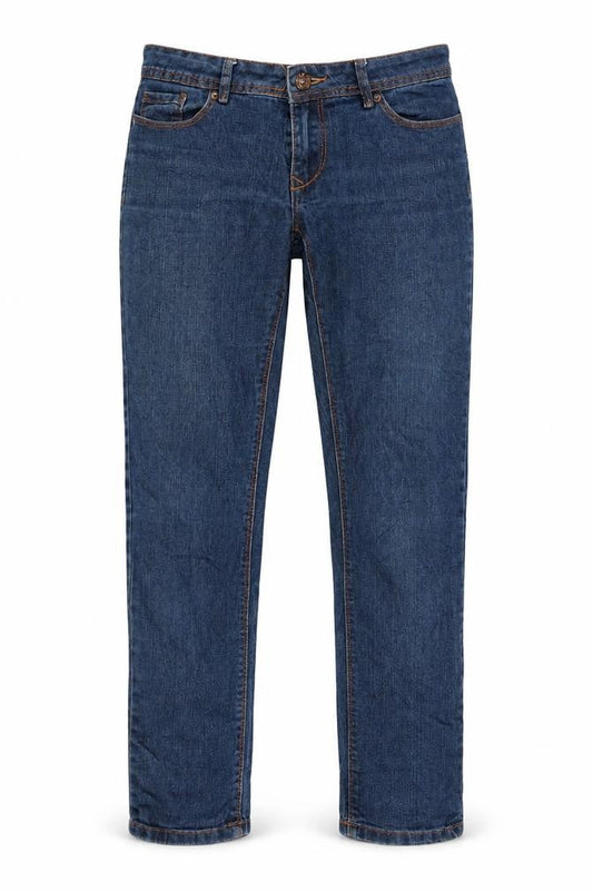 Front view of women’s blue straight jeans, size UK 34, 28-inch leg - zip