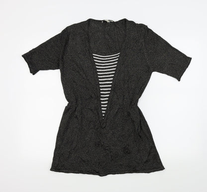 Front view of Bassini women’s black basic blouse, size S, - gold metallic