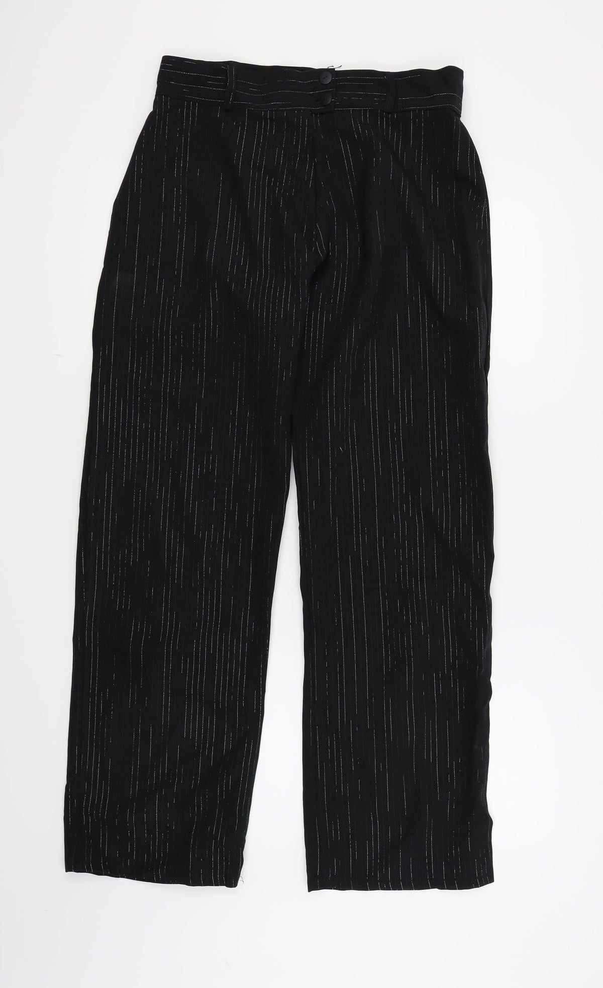 Additional front view of Preworn women’s black trousers, size UK 16, 30-inch leg - silver metallised fibre