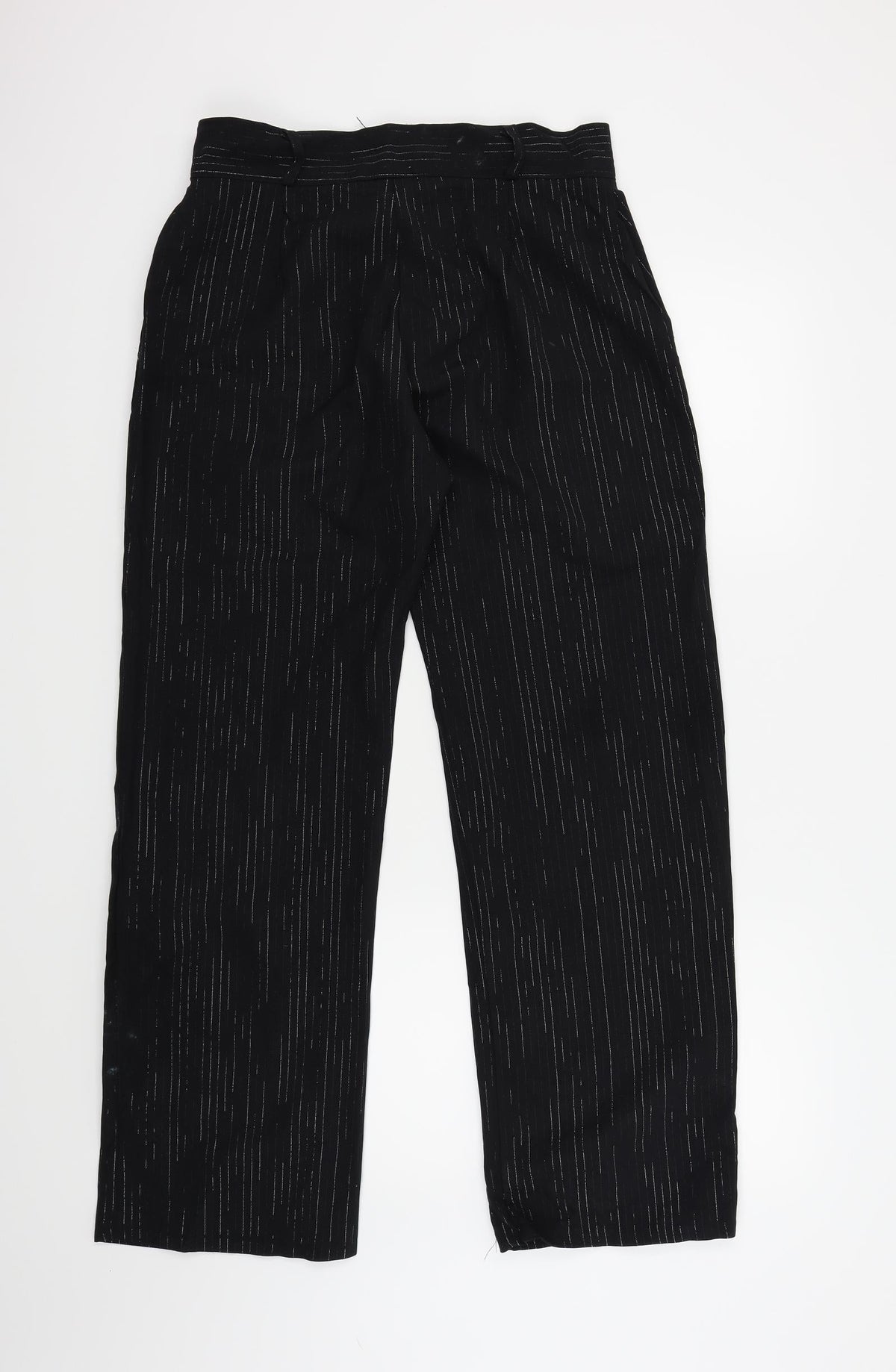 Back view of Preworn women’s black trousers, size UK 16, 30-inch leg - silver metallised fibre
