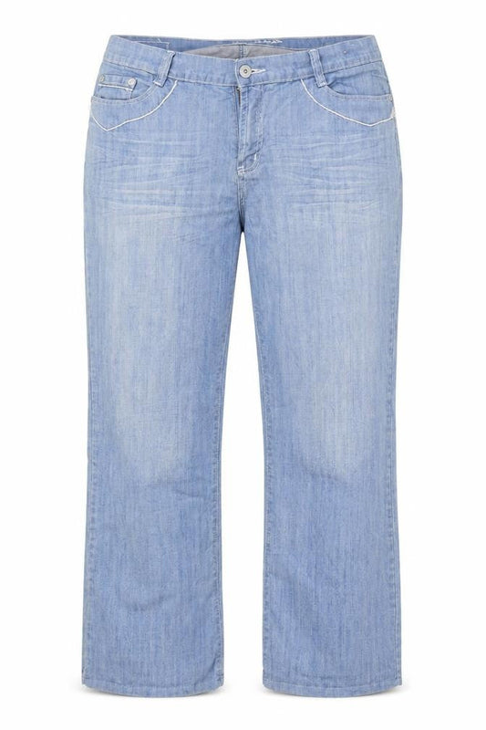 Front view of rping women’s blue denim straight jeans, size UK 40, in, 30-inch leg