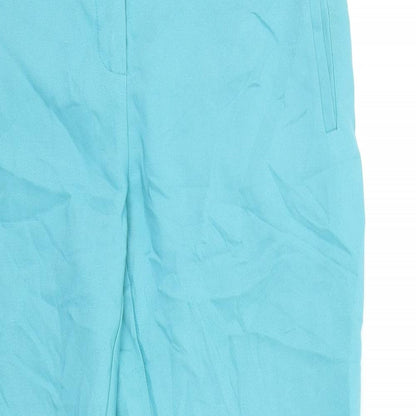 Close-up detail of ORSAY women’s blue trousers, size UK 32, in, 26-inch leg