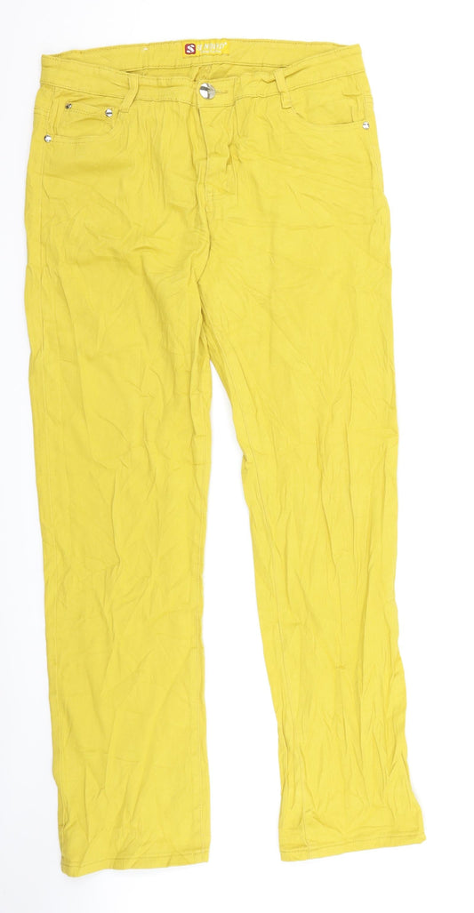Front view of sunbird women’s yellow denim straight jeans, size UK 32, 26-inch leg
