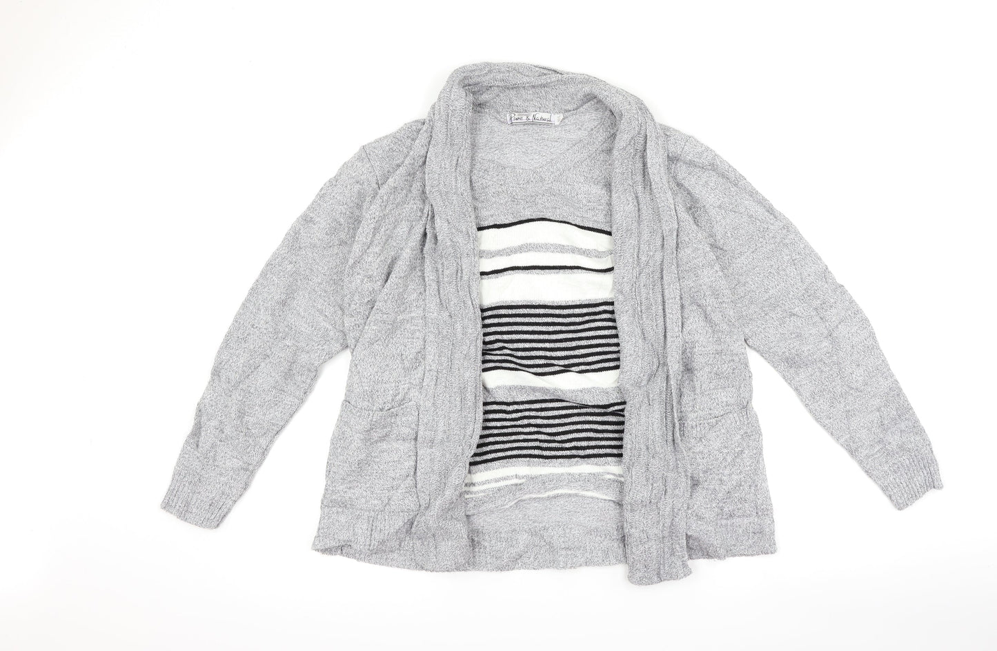 Pure & Natural Womens Grey Striped  Basic T-Shirt Size M  - top and cardigan in one