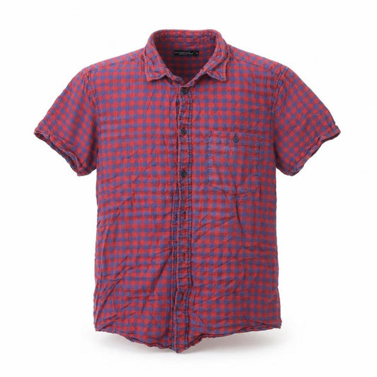Front view of Cedarwood State men’s red check button-up, size M