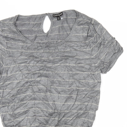 Close-up detail of Express women’s grey striped knit jumper, size M