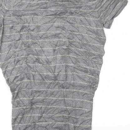 Brand and care label for Express women’s grey striped knit jumper, size M
