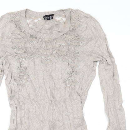 Close-up detail of Topshop women’s brown floral knit jumper, size UK 8