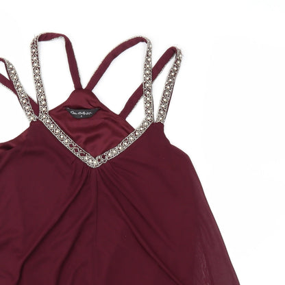 Close-up detail of Miss Selfridge women’s purple chiffon basic blouse, size UK 6