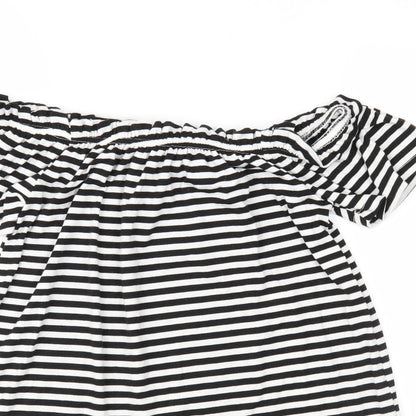 Close-up detail of Peacocks women’s black striped jersey basic blouse, size UK 8