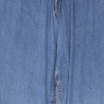 Close-up detail of Ellie women’s blue denim straight jeans, size UK 42, in, 27-inch leg