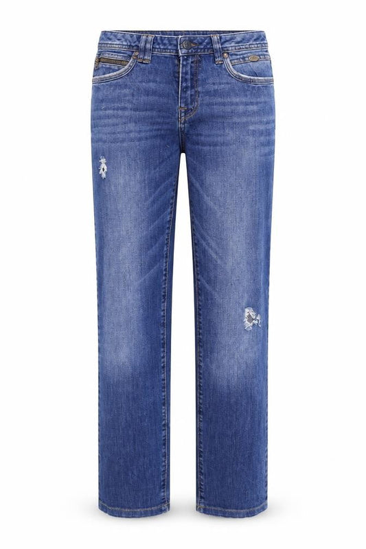 Front view of Denim & Dry Goods women’s blue straight jeans, size UK 31, 34-inch leg