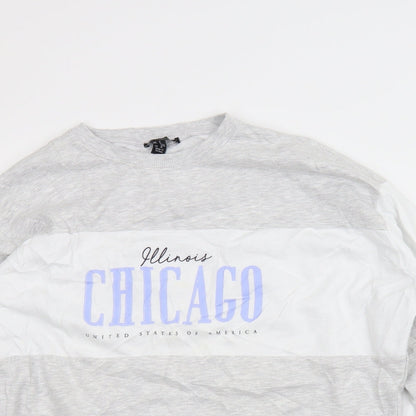 Close-up detail of New Look men’s grey pullover sweatshirt, size S