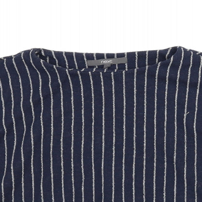 Close-up detail of Next women’s blue striped basic blouse, size UK 6