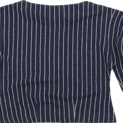 Brand and care label for Next women’s blue striped basic blouse, size UK 6