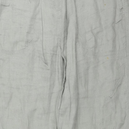 Close-up detail of Preworn women’s green trousers, size UK 36, in, 27-inch leg