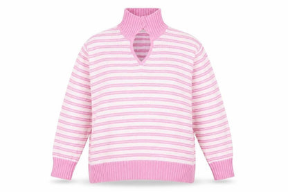 Front view of EWM women’s pink striped jumper, size L