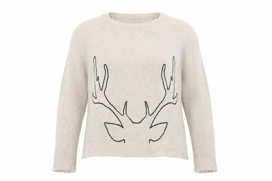 Front view of Dorothy Perkins women’s beige jumper, size UK 12, - antlers