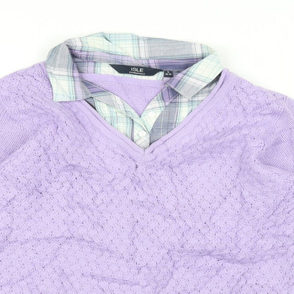 Close-up detail of Isle Essentials women’s purple jumper, size UK 12