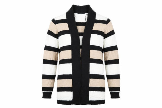 Front view of Papaya women’s black striped jumper, size UK 16