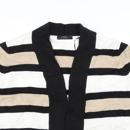 Close-up detail of Papaya women’s black striped jumper, size UK 16