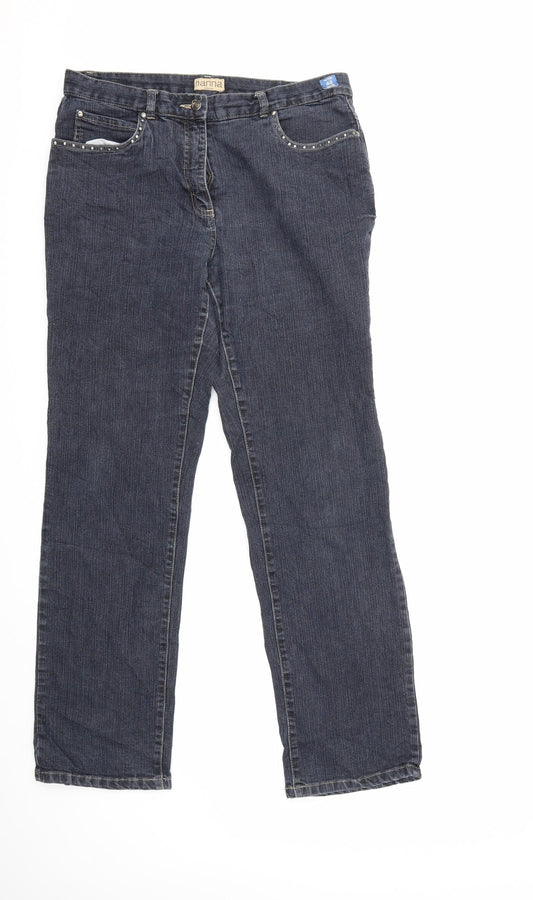 Front view of HANNA women’s blue denim straight jeans, size UK 14, 31-inch leg