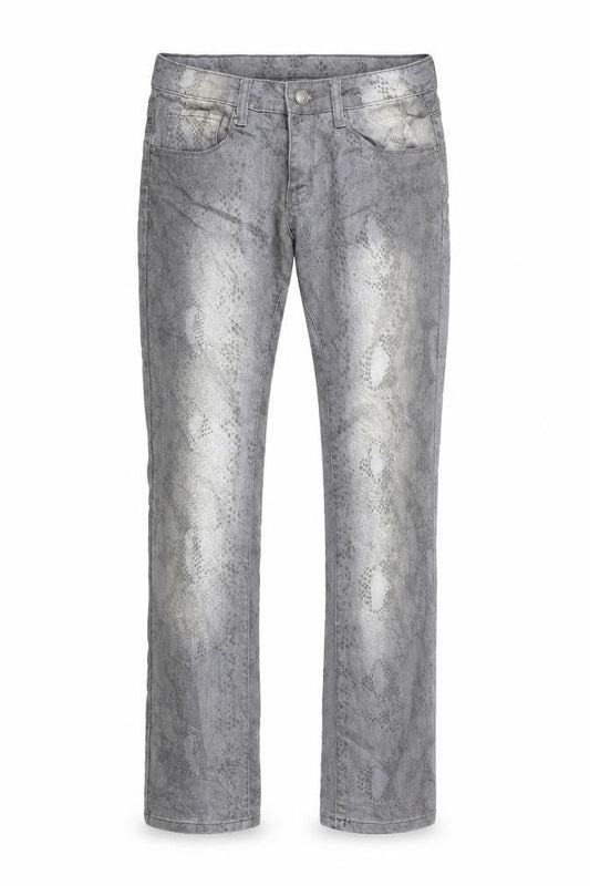 Front view of stop+go women’s grey animal print denim straight jeans, size UK 26, in, 32-inch leg