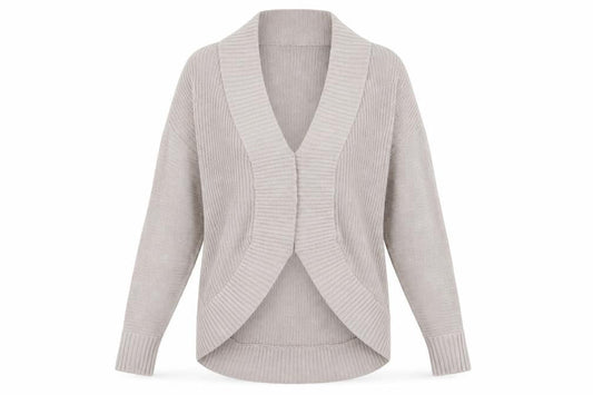 Front view of Warehouse women’s beige knit cardigan jumper, size UK 10