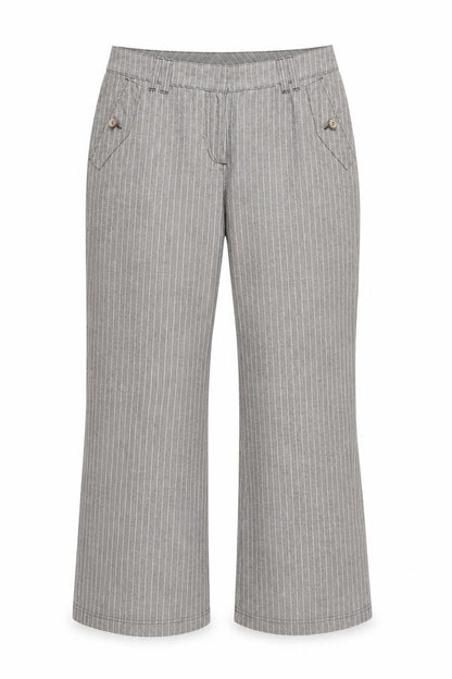 Front view of Preworn women’s grey striped trousers, size UK 34, in, 28-inch leg
