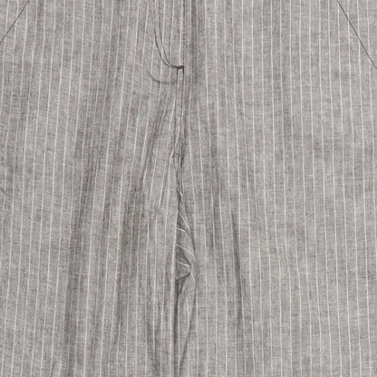 Close-up detail of Preworn women’s grey striped trousers, size UK 34, in, 28-inch leg