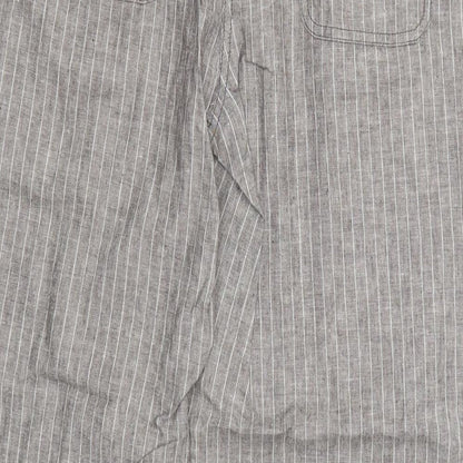 Brand and care label for Preworn women’s grey striped trousers, size UK 34, in, 28-inch leg