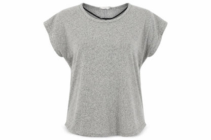 Front view of Preworn women’s gold jersey basic t-shirt, size L