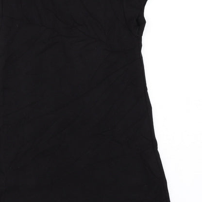 Brand and care label for H&M women’s black basic t-shirt, size M
