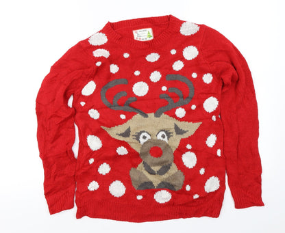 Front view of Select women’s red jumper, size UK 8, - christmas jumper