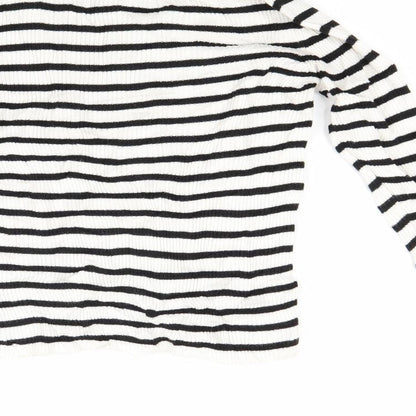Brand and care label for Topshop women’s white striped knit jumper, size UK 8