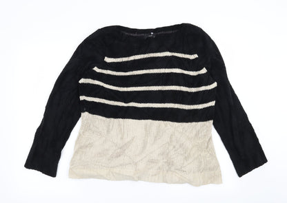 Front view of M&Co women’s black striped jumper, size UK 18