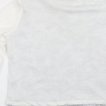 Brand and care label for Linea women’s white geometric pullover sweatshirt, size M