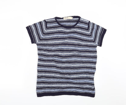 Additional front view of EWM women’s blue striped jumper, size UK 10