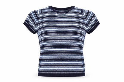 Front view of EWM women’s blue striped jumper, size UK 10
