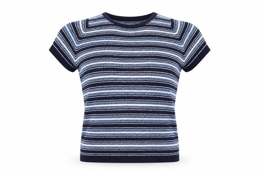 Front view of EWM women’s blue striped jumper, size UK 10