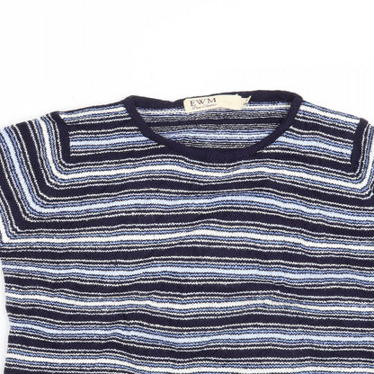 Close-up detail of EWM women’s blue striped jumper, size UK 10