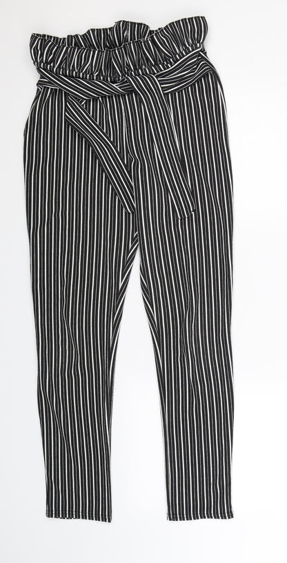 Additional front view of PRETTYLITTLETHING women’s black striped trousers, size UK 10, 27-inch leg