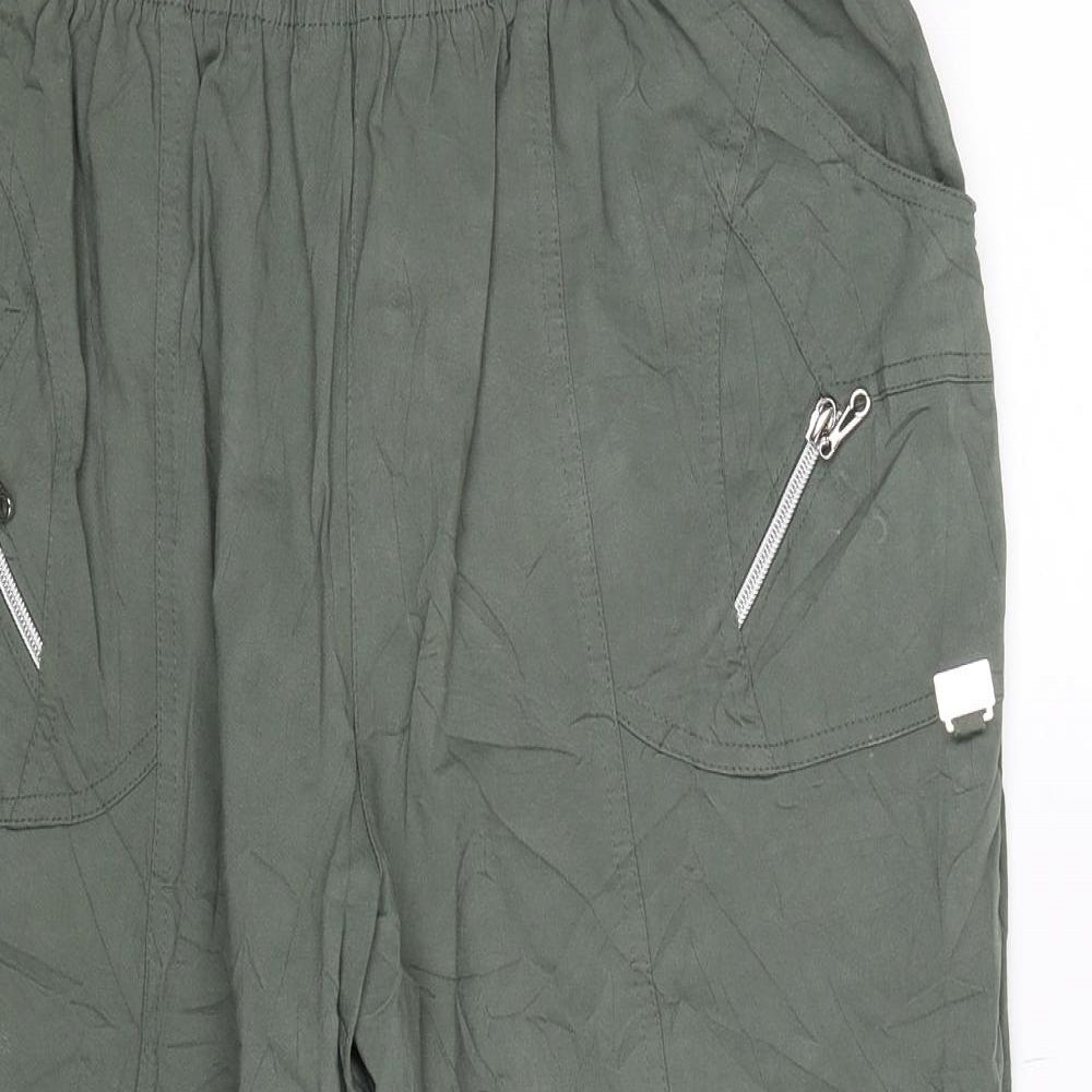 Close-up detail of VY women’s green cropped trousers, size UK 34, in, 21-inch leg